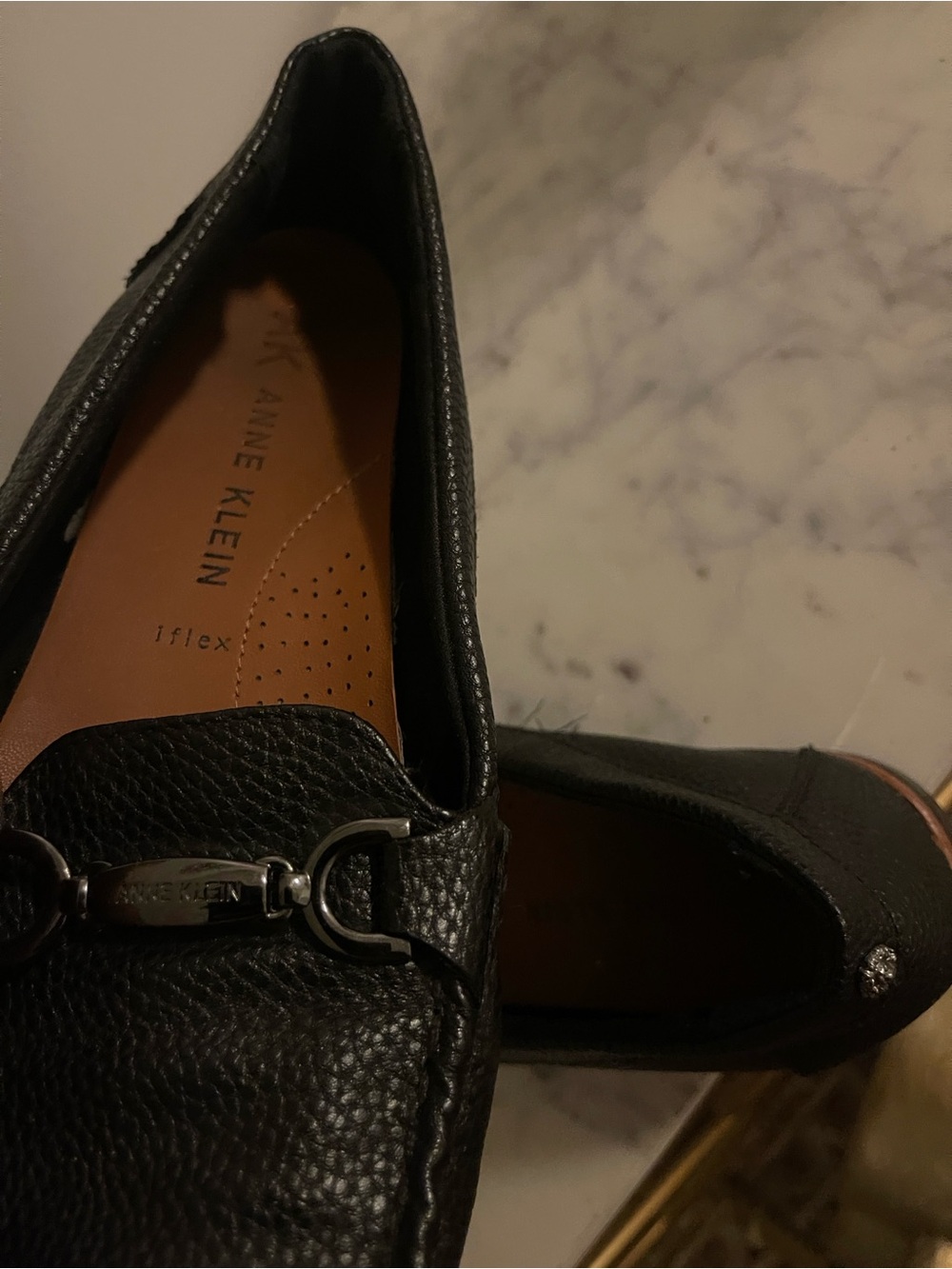 Anne Klein Black Pebbled Leather Slip-On Loafers with Silver Hardware